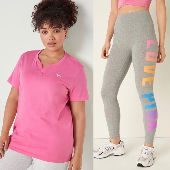 VS Pink Dreamy Pink Short Sleeve Henley Tee & Grey Gradient Rainbow Leggings SET - Picture 1 of 12